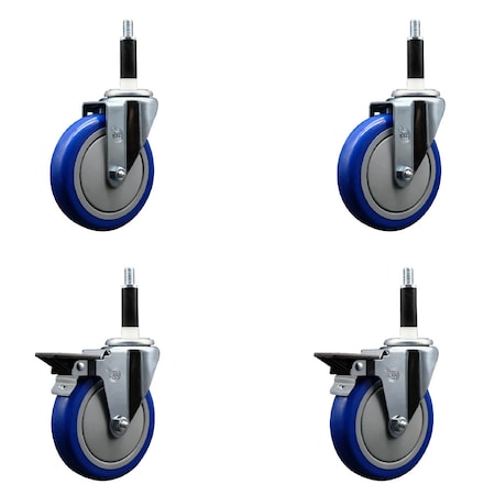 Service Caster 5'' Blue Poly Wheel Swivel 7/8'' Expanding Stem Caster Set 2 Brakes, 4PK SCC-EX20S514-PPUB-BLUE-2-PLB-2-78